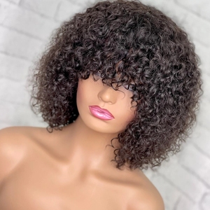 Perruque <span class=keywords><strong>Bob</strong></span> naturelle indienne Remy avec frange, cheveux courts et bouclés, bon marché, pour femmes noires - Product Image 3