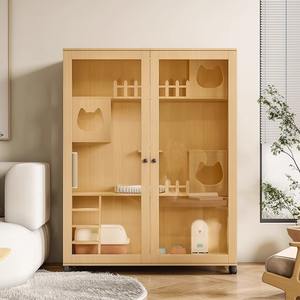 Mehrstöckiges Panorama-Haustierhaus aus Transparentem Holz, Moderne Katzenvilla mit Großem Aussichtsbereich, Bewegliche Trennwand für Mehrere Katzen und Kleine Hunde - Product Image 4