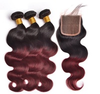 Lot de mèches de cheveux humains brésiliens en vison avec fermeture, cuticules alignées, extensions de cheveux Remy, couleur rouge bordeaux 99J, mèches de cheveux ondulés