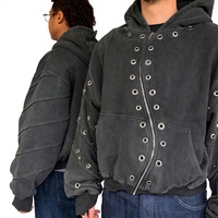 Sweat à capuche épais délavé à l'acide avec fermeture éclair diagonale, œillets métalliques, coupe oversize, en coton tricoté, streetwear d'hiver, broderie 3D, unisexe
