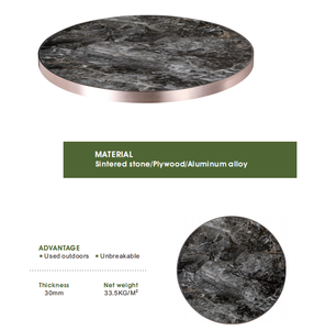 Tablero de Mesa Redondo de Piedra Sinterizada con Borde de Aluminio en Oro Rosa |   Tablero de Mesa Comercial con Aspecto de Mármol de Lujo al por Mayor - Product Image 1