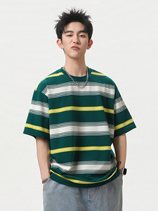 T-Shirt a Righe Stile Americano da Uomo, Manica Corta Oversize, Mezza Manica - Product Image 4