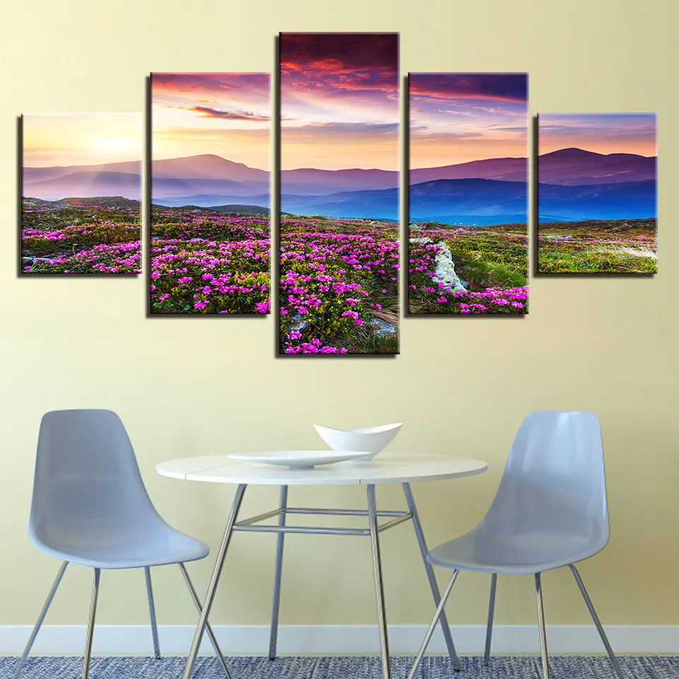 Canvas Prints Pictures Living Room Decor Framework 5 Pieces Mountains And Hills Painting Sunset Flower Landscape Poster Wall Art