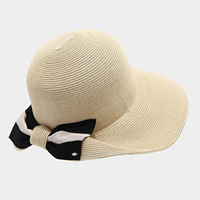 Chapeau de soleil en raphia à large bord, style français, color-block, avec nœud, pour femme, été, extérieur, respirant, vacances en bord de mer, couvrant le visage, en soie
