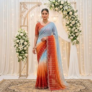 Traditional Indian Silk <b>Saree</b> For Women Wedding <b>Orange</b> Blue Gradient Embroidered Sari Regular Fit Floor Length Ethnic Wear - Product Image 1