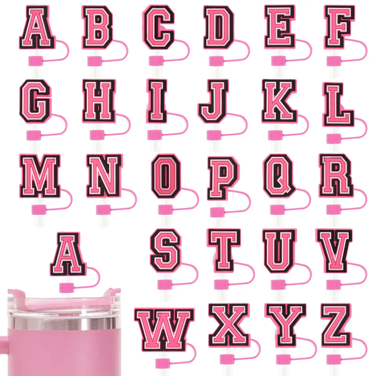 10mm Pink English Letters Reusable Silicone Straw Covers and Caps Compatible with Stanley Cups Dust-Proof Straw Cap