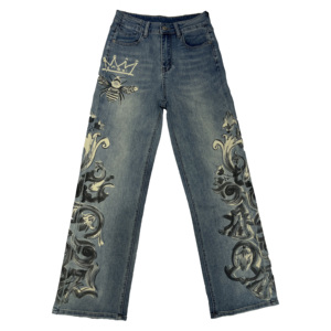 YAXI Jeans da <span class=keywords><strong>Donna</strong></span> Personalizzati <span class=keywords><strong>Blu</strong></span> Vintage Lavati a Gamba Dritta e <span class=keywords><strong>Vita</strong></span> <span class=keywords><strong>Alta</strong></span> con Stampa Collezione Estiva - OEM/ODM - Product Image 1
