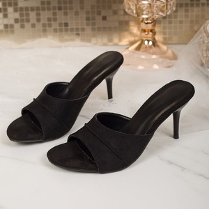 Sandalias de verano para mujer, de lona, con punta abierta, estilo mule, con una sola tira plisada, tacón de aguja fino, fáciles de poner. - Product Image 3