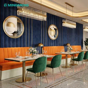 MINGMENG <b>Restaurant</b> Furniture <b>Set</b> Marble Top Metal Frame Orange Upholstered Booths Mediterranean Style 6 Seater Dining <b>Set</b> - Product Image 1
