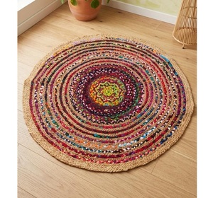 Handmade <b>Round</b> Cotton <b>Jute</b> <b>Rug</b> Colorful Boho Braided Area Carpet Rustic Farmhouse Floor Mat for Living Room Bedroom Home Decor - Product Image 1