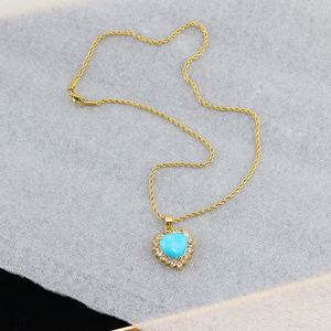 Chaîne en acier inoxydable plaqué or 18 carats NZ1490 avec chaîne en corde pavée de CZ, couleur jade vert aquamarine, cœur avec inscription chinoise de bénédiction, bon fu - Product Image 4