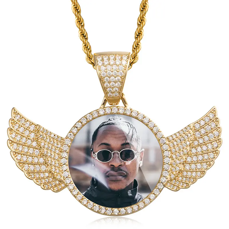 Collier avec pendentif photo des ailes latérales personnalisées, 4 pièces, cadre, photo, médaillon, couleur unie, bijoux, hip hop