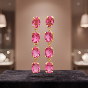 Boucles d'oreilles pendantes en argent sterling 925 plaqué or, pierre de naissance rose hydro, forme ovale, style classique, sertissage griffe, unisexe - Product Image 2