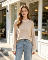 Atasan Wanita Bergaris Slim Fit Crop Base Layer untuk Musim Panas 2025 100% Katun Lengan Pendek Warna Kontras Berbahan Beludru Dua Sisi