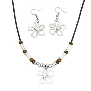 Conjunto de collar y pendientes de cuerda encerada con cuentas de flor de plata tibetana para mujer, joyería de moda, cadena para suéter, accesorio de playa - Product Image 5