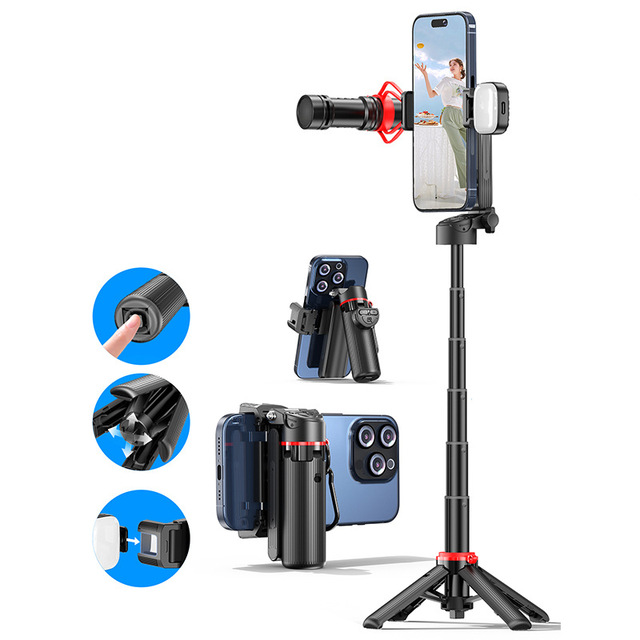 F07 Mini Portable Rechargeable Selfie Stick Aluminum Alloy Remote Quadrapod Tripod for Smartphone Camera Live Vlogging