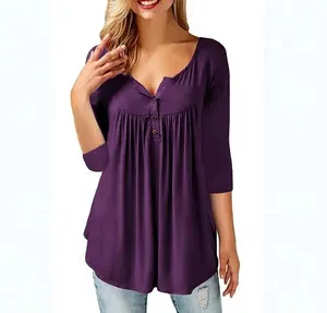 Factory Wholesale Fashion Gebreide V-hals Casual Losse Vrouwen Tops Met Lange Mouwen Blouses Geplooide Tunieken Voor Vrouwen