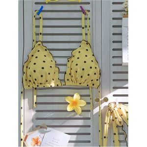 Ensemble bikini 2 pièces pour femme, maillot de bain jaune à pois, dos nu, string échancré - Product Image 3