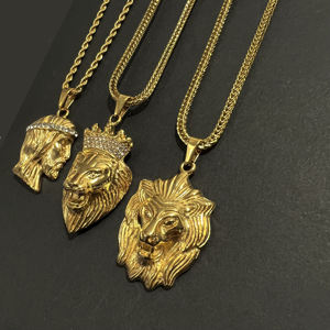 Hiphops קריסטל עגול האריה מדליית PVD זהב פאנק האריה ראש תליון חבל שרשרת נירוסטה ישו חתיכה פנים שרשרת גברים - Product Image 3