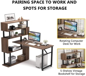 Современный двухсторонний вращающийся с деревянными колесами компьютер 5 полок складские столы книжный шкаф с столом для небольшого домашнего офиса - Product Image 3