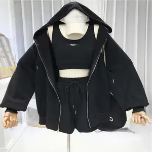 2023 musim panas Eropa dan Amerika baru olahraga berlari tiga potong set mode rompi menarik tali celana pendek kebesaran kasual ritsleting hoodie