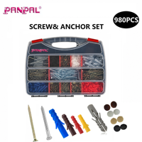 Kit de fixation assorti 980 pièces : Vis pour aggloméré, Vis de fixation hexagonales, Chevilles en nylon PE, Vis à tête cruciforme, Capuchons de fixation