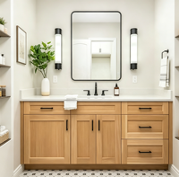 Meubles-lavabos de salle de bain classiques, armoire de rangement multi-tiroirs en bois massif avec lavabo en céramique et design personnalisé pour salle de bain