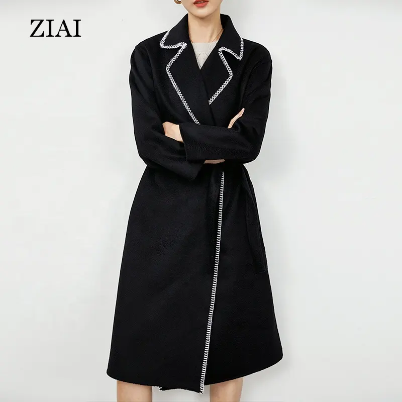 Fashion Water ripple double-sided cashmere coat women's new lace-up waist ins Korean long woolen coat