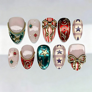30 Uñas Postizas de Navidad con Diseño de Almendra, Adornos 3D con Lazo Dorado, Elegantes Uñas Francesas, Manicura Festiva para Fiestas - Product Image 1