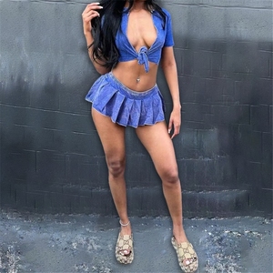 ZHEZHE 2024 moda Sexy mujer ácido lavado chándal y desgastado (con pantalones de seguridad en el interior) <span class=keywords><strong>falda</strong></span> conjunto de 2 piezas - Product Image 4