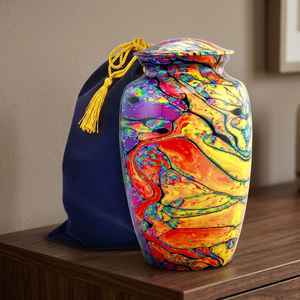 Urne funéraire moderne tie-dye colorée pour cendres humaines - Motif vibrant personnalisé, capacité de 200 lb, sac en velours durable inclus - Product Image 2