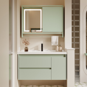 Meuble-lavabo de salle de bain moderne de luxe vert français en MDF, armoire étanche à poser au sol, miroir intelligent, écologique - Product Image 3