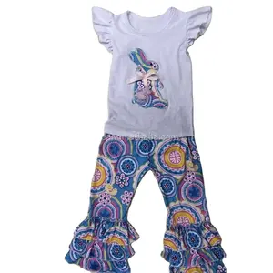 Nuovo arriva il controllo blu easter bunny bambino boutique outfit bambine vestiti dei vestiti dei bambini all'ingrosso di estate dell'increspatura set