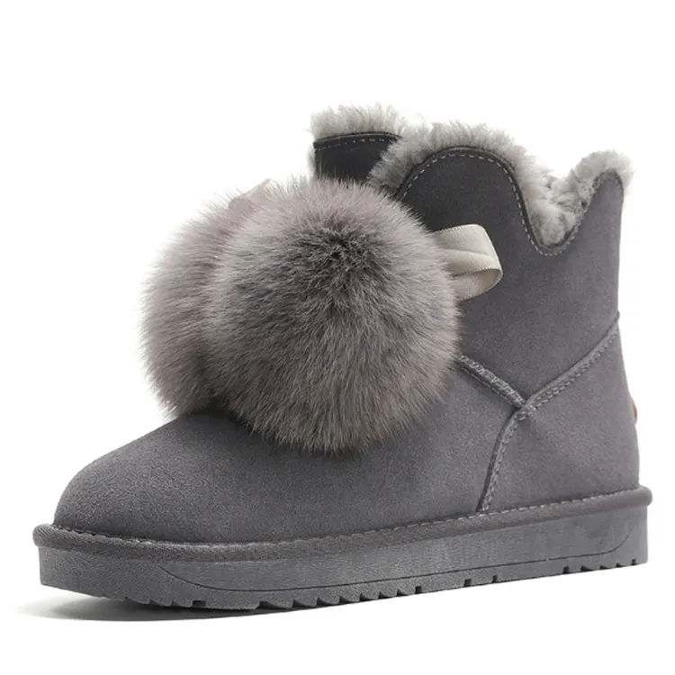 Select Comfortable Wool Lines Pom-Pom Faux Fur Flat Gray Suede Ankle Snow Furry Sheepskin Boots for Women