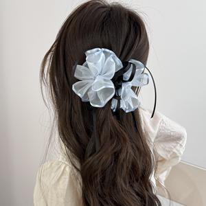 Pinza de Pelo Elegante con Lazo y Flor de Malla, Clip de Tiburón con Diamantes de Imitación, Accesorios Dulces para el Cabello de Uso Diario para Mujer - Product Image 4