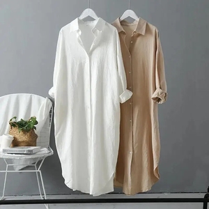 Robe chemise ample <span class=keywords><strong>en</strong></span> coton et <span class=keywords><strong>lin</strong></span> <span class=keywords><strong>pour</strong></span> <span class=keywords><strong>femme</strong></span>, à simple boutonnage, manches longues, style décontracté printemps-été - Product Image 1