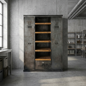 Industrial Vintage Farmhouse 2-Door Adjustable Iron Metal Storage Cabinet 5 Shelves 4 Compartments Black Rusty Finish Bedroom - Product Image 3
