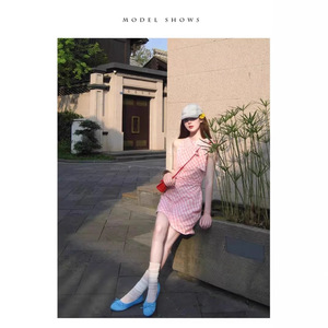 เดรสทรงดินสอผ้าทอลายสก็อตสีชมพู คอ halter แขนกุด ความยาวปานกลาง สำหรับผู้หญิง ตัดเย็บแบบไม่สมมาตร ระบายอากาศได้ดี เหมาะสำหรับใส่ในชีวิตประจำวัน สไตล์ลำลอง - Product Image 2