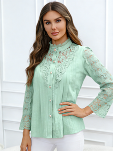 Chemisier en mousseline de soie brodé de dentelle, élégant, décontracté, grande taille, à manches longues, couleur unie, pour femme, collection Printemps/Été/Automne 2026 - Product Image 4