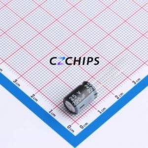 DHC025M227G124S1AA ตัวเก็บประจุอลูมิเนียมอิเล็กโทรไลติกผ่านรู D8xL12mm 220uF 20% 25V 290mA-120Hz - Product Image 1