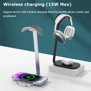 Support pour casque en alliage d'aluminium <span class=keywords><strong>Base</strong></span> antidérapante Chargeur de téléphone sans fil 15W Étagère d'affichage pour écouteurs de jeu Supports de bureau - Product Image 2