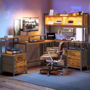 Large Gaming <strong>Desk</strong> Corner Storage Shelves Monitor Stand Home Office <strong>Rustic</strong> Brown L Shaped Computer <strong>Desk</strong> with Drawers - Product Image 6