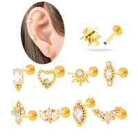 Maina Round Ball Inlaid Zircon Cartilage Earrings ASTM F136 Titanium Labret Piercing Internally Thread Ear Lip Stud for Women