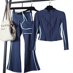 Unisex Yoga Wear Sports Outfit in Spring Style High-Waisted Flared Pants Slimming Drawstring Three-Piece Set Polyester