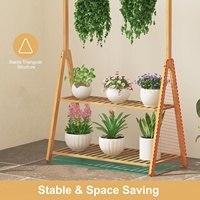 Grande étagère de support de plante en bambou à 2 niveaux avec barre de suspension et étagère de rangement pour salon balcon intérieur extérieur
