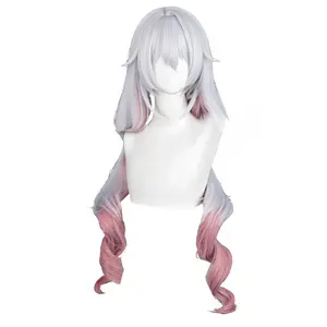 Kadın Anime Cosplay peruk uzun dalgalı kahküllü peruk isıya dayanıklı sentetik peruk kostüm partisi için (gümüş karışık pembe)