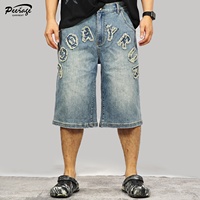 Fabricant de vêtements de rue Y2k personnalisés pour hommes, baggy brodé avec écusson vieilli, jorts longs, shorts en jean délavés surdimensionnés pour hommes