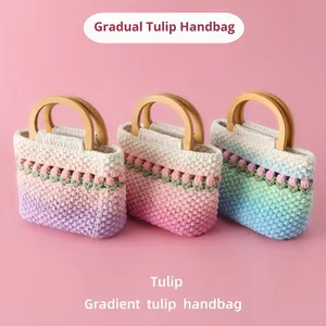 Bolso de Mano de Tulipán con Degradado de Color Tejido a Crochet, Bolso de Maquillaje de Hilo Ecológico, Bolso de Compras Estético, Bolso de Playa para Vacaciones y Ocio - Product Image 3