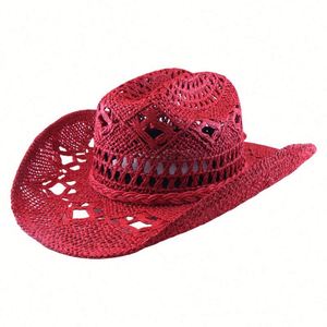 Sombrero de Paja para Viajes y Vacaciones con Diseño Calado, Sombrero de Vaquero Rojo de Moda para Mujer/Niña con Cinturón Trenzado - Product Image 1