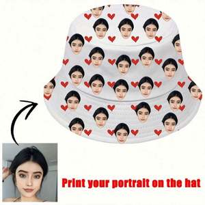 Sombrero de Pescador Ligero Personalizable, 1 Pieza, Impresión de Retrato Personalizado, Patrón de Corazones Aleatorios, Ropa Casual, Regalo, Tipo Dibujo Animado - Product Image 3